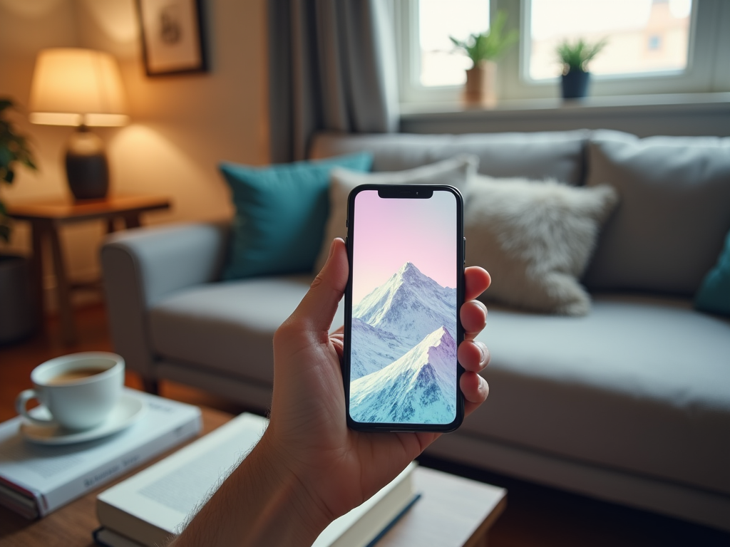 Рука держит смартфон с изображением горы на экране в уютной гостиной.