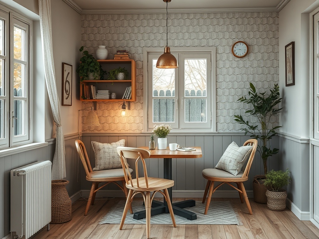 Уютная кухня с деревянным столом, стульями, растениями и светом, проникающим через окна.