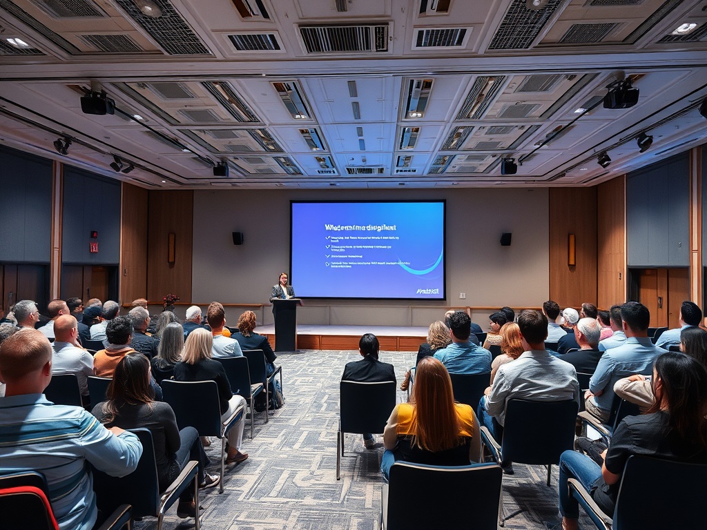 На встрече люди слушают презентацию на экране, выступает докладчик у микрофона.