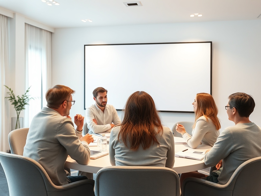 Группа людей на деловой встрече в конференц-зале, обсуждающих вопросы за круглым столом.