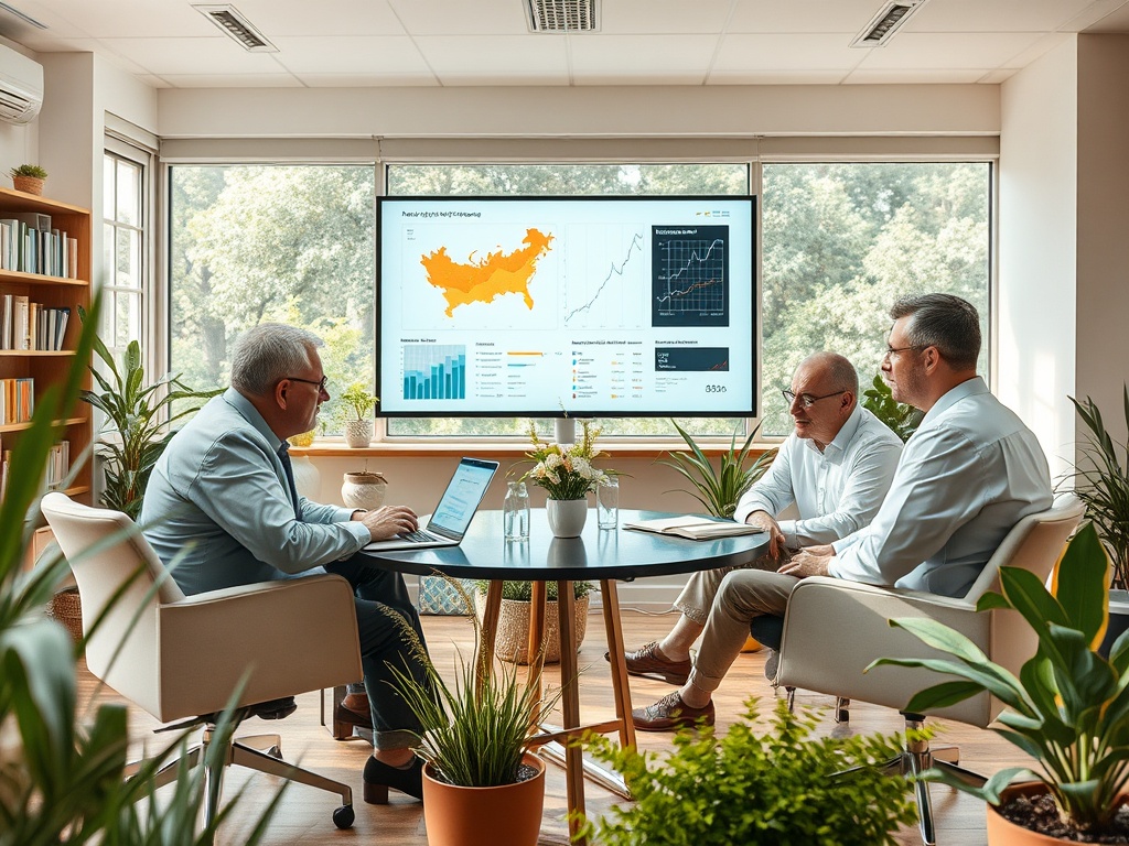 Трое мужчин обсуждают графики и данные в офисе, сидя за столом с растениями вокруг. На экране — аналитика.