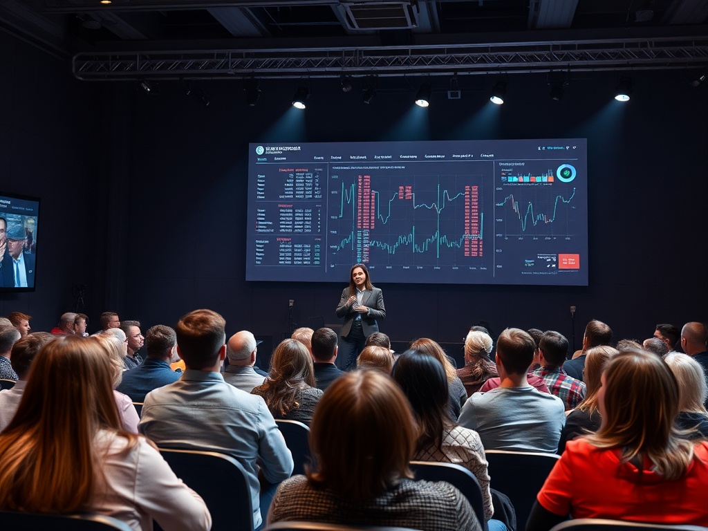 Женщина выступает перед аудиторией, на экране графики финансовых данных и показателей. Атмосфера обучения.