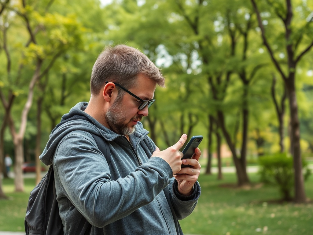 Молодой человек в сером худи стоит на улице и использует смартфон, окружённый зелеными деревьями.