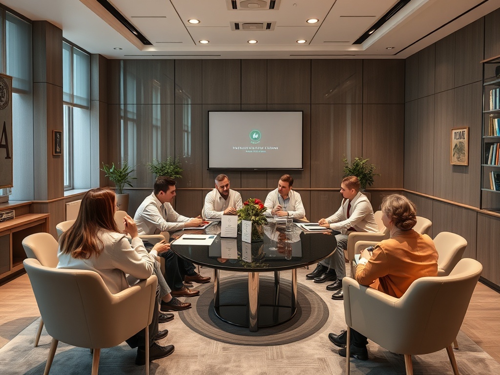 Группа людей обсуждает идеи на собрании в современном офисе. На столе документы и цветы.