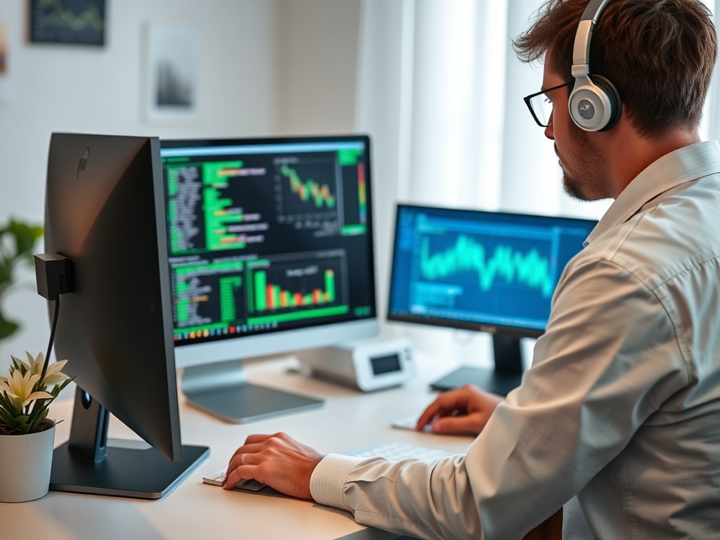Человек в наушниках работает за компьютером с графиками и данными на экране в офисе.